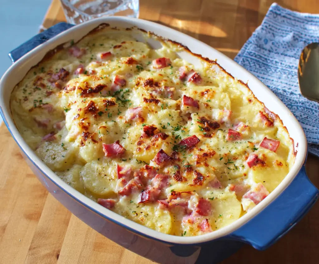 Delicious scalloped potatoes layered with slices of ham in a creamy cheese sauce, perfect for a comforting meal.