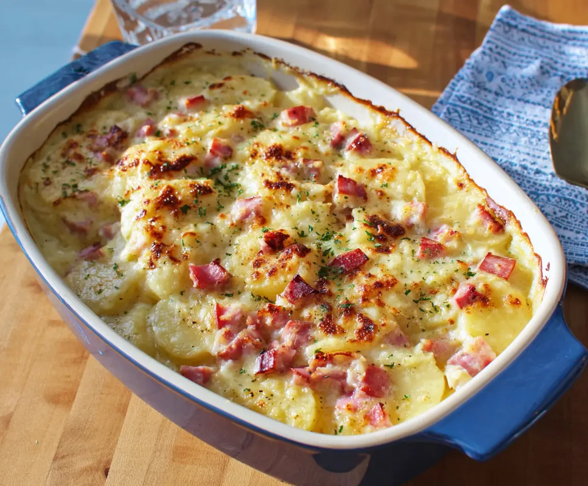 Delicious scalloped potatoes layered with slices of ham in a creamy cheese sauce, perfect for a comforting meal.