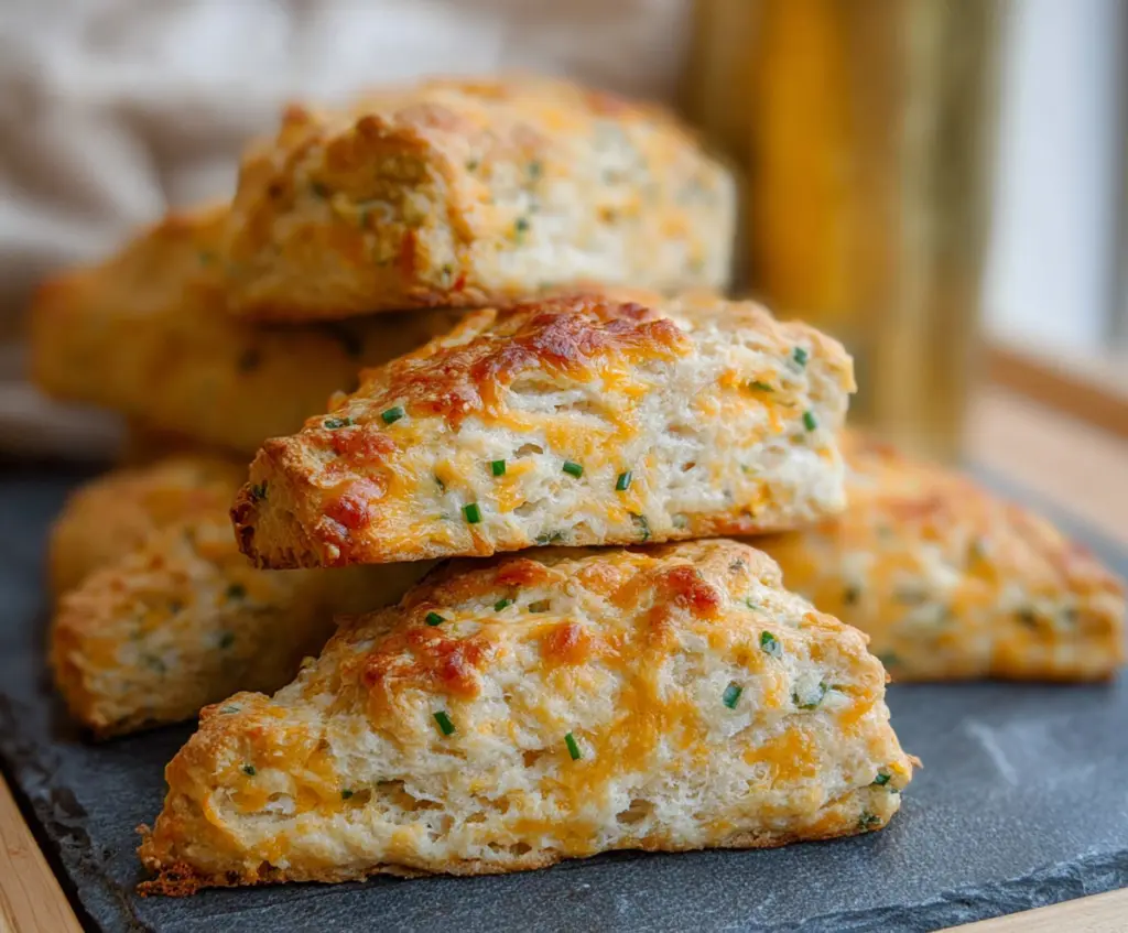 Golden sharp cheddar and fresh chive sourdough scones on a rustic platter, irresistibly flaky and cheesy.