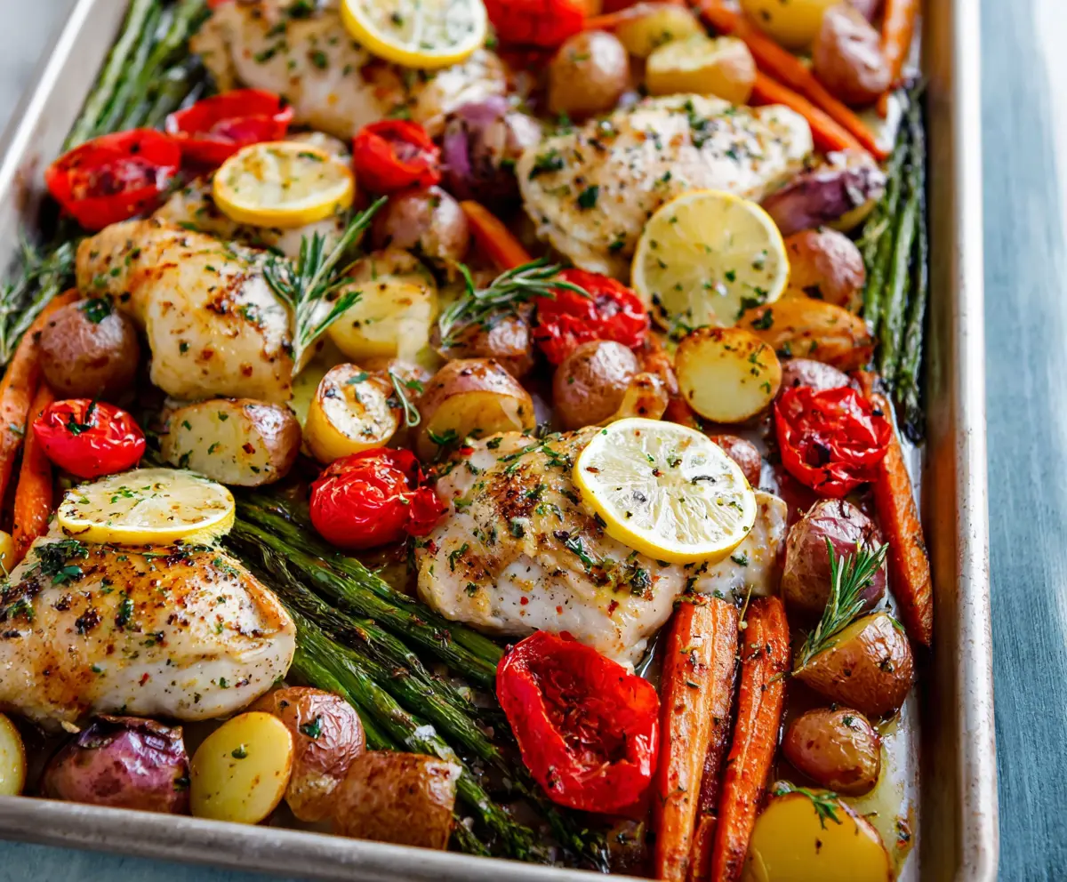 Delicious sheet pan lemon herb chicken with colorful roasted vegetables for a healthy dinner.