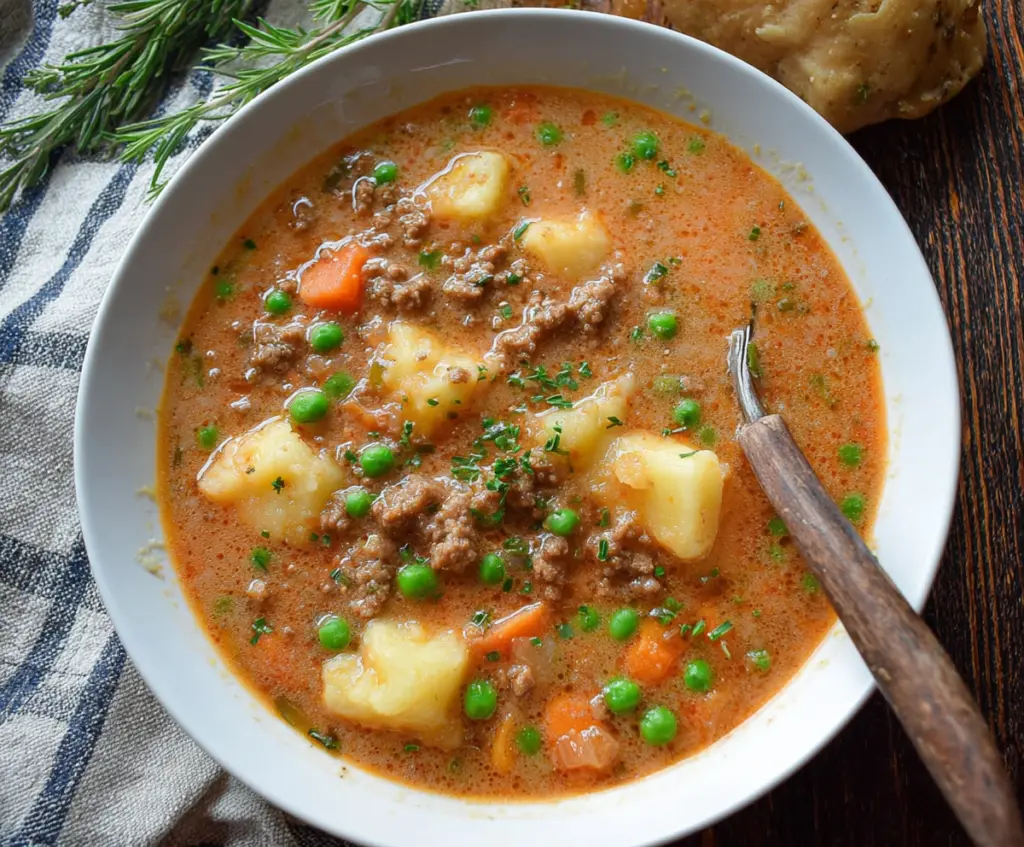 Creamy Shepherd's Pie Soup with tender ground beef and mashed potato topping in a rustic bowl.
