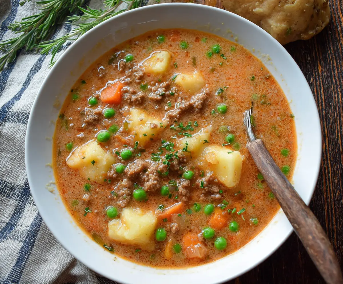 Creamy Shepherd's Pie Soup with tender ground beef and mashed potato topping in a rustic bowl.