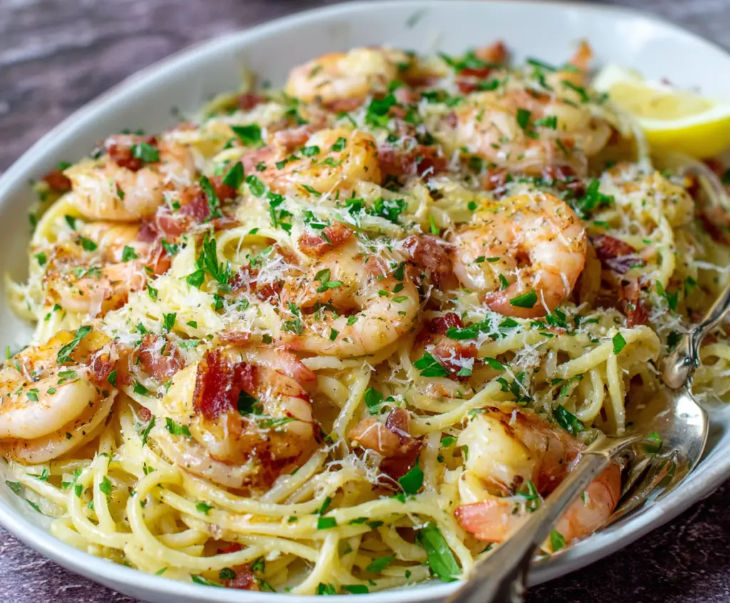 Delicious shrimp pasta carbonara dish with creamy sauce and cooked shrimp