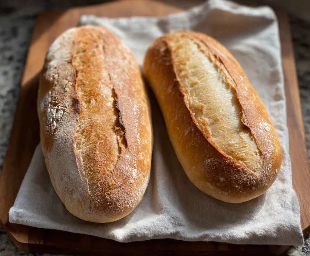 Homemade sourdough discard French bread with a crusty exterior and soft interior on a wooden surface.