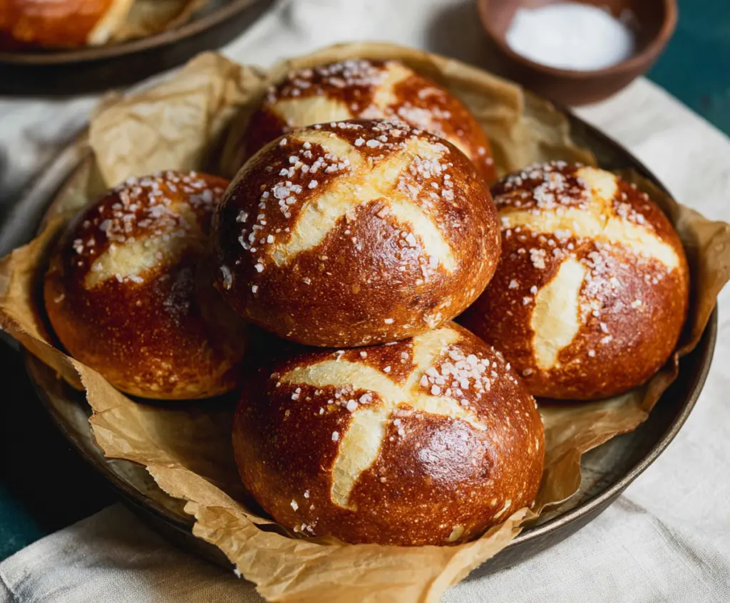 Fresh baked sourdough discard pretzel buns stacked on a wooden board with coarse salt on top.