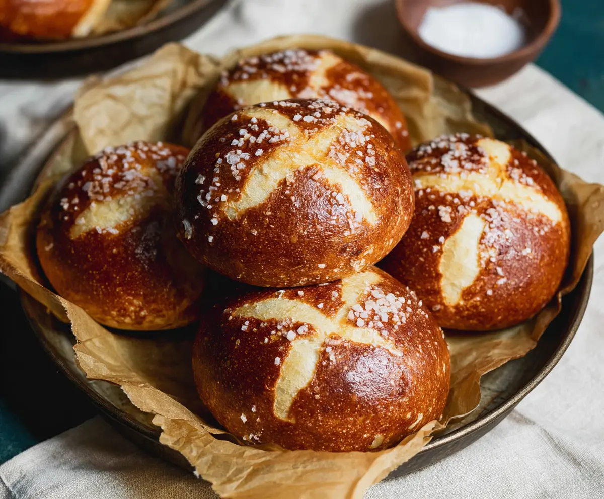 Fresh baked sourdough discard pretzel buns stacked on a wooden board with coarse salt on top.