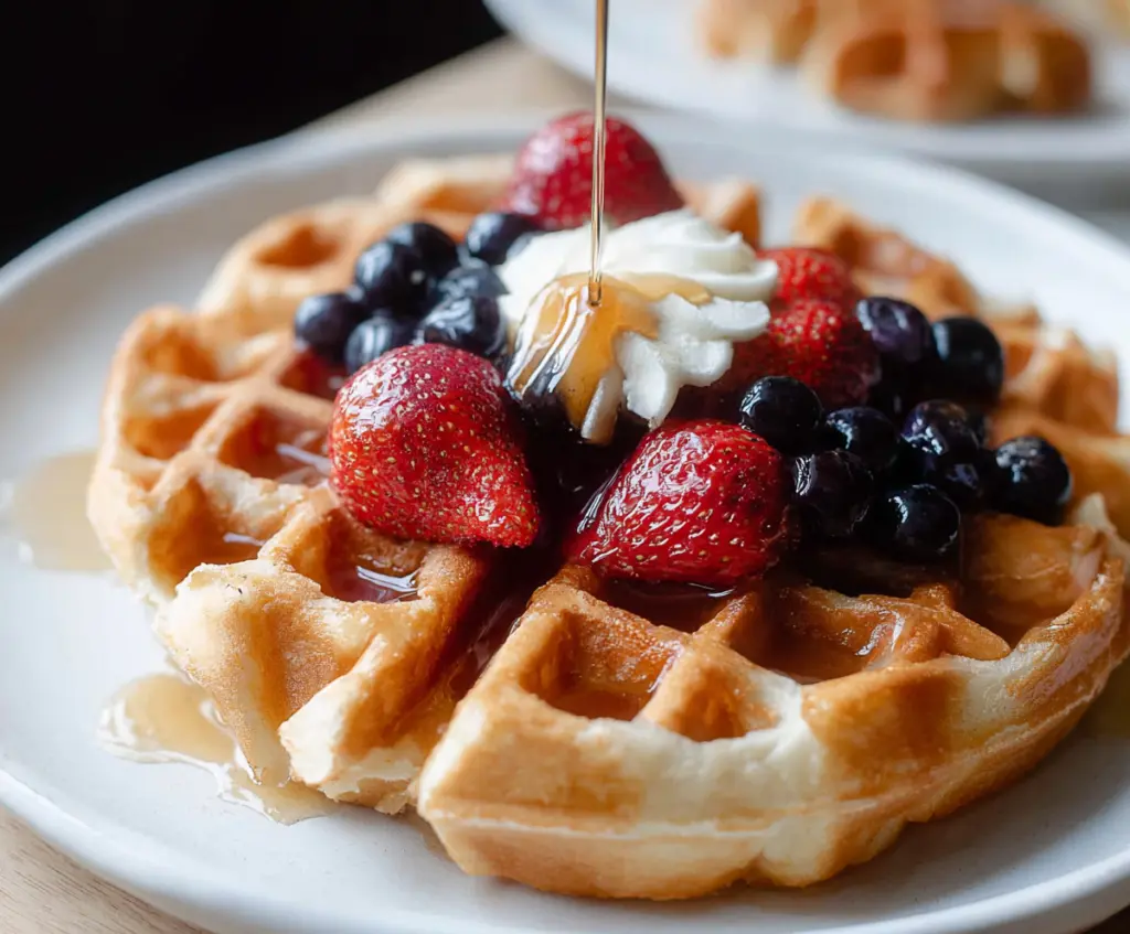 Crispy sourdough discard waffles topped with fresh berries and syrup.