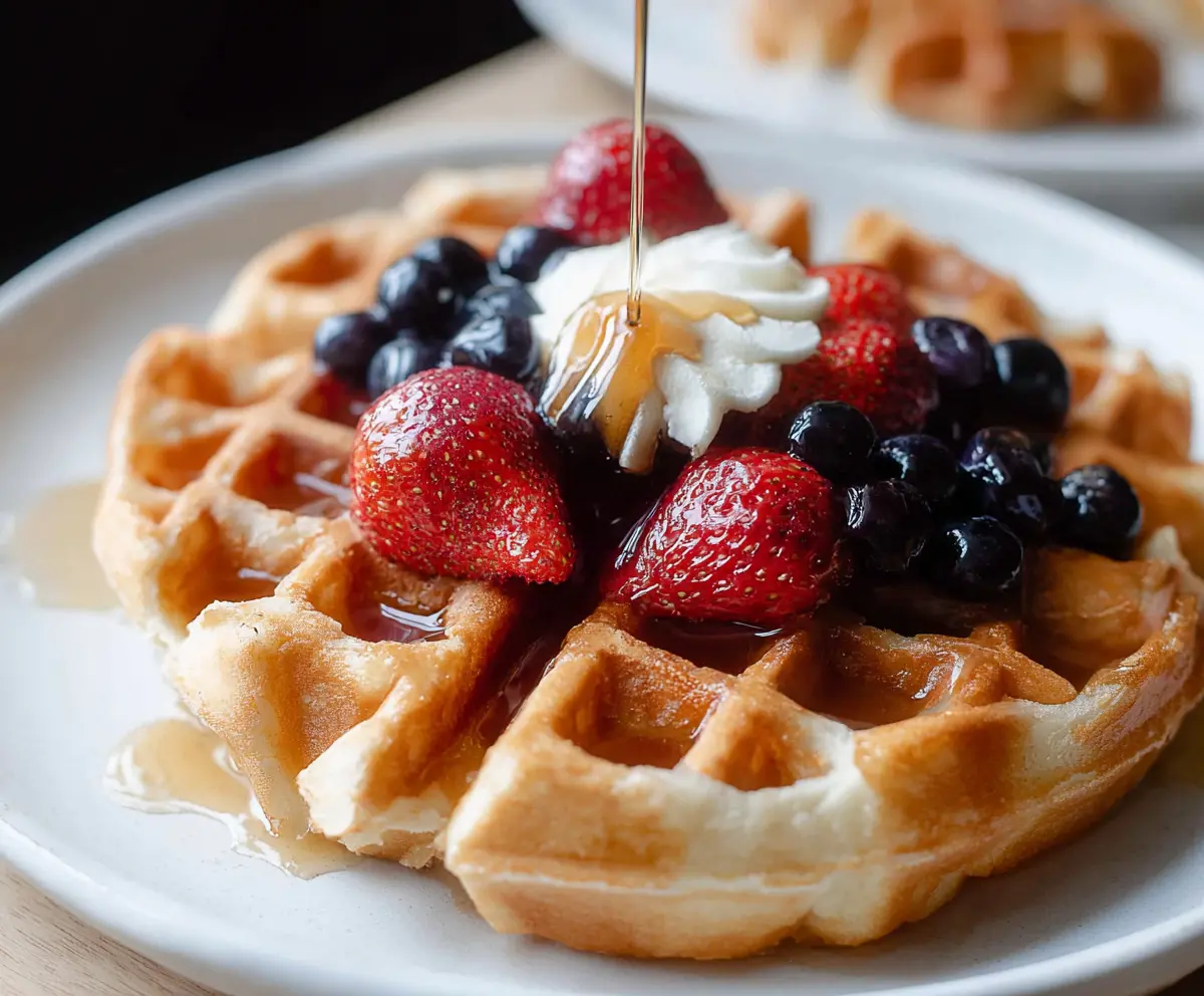 Crispy sourdough discard waffles topped with fresh berries and syrup.