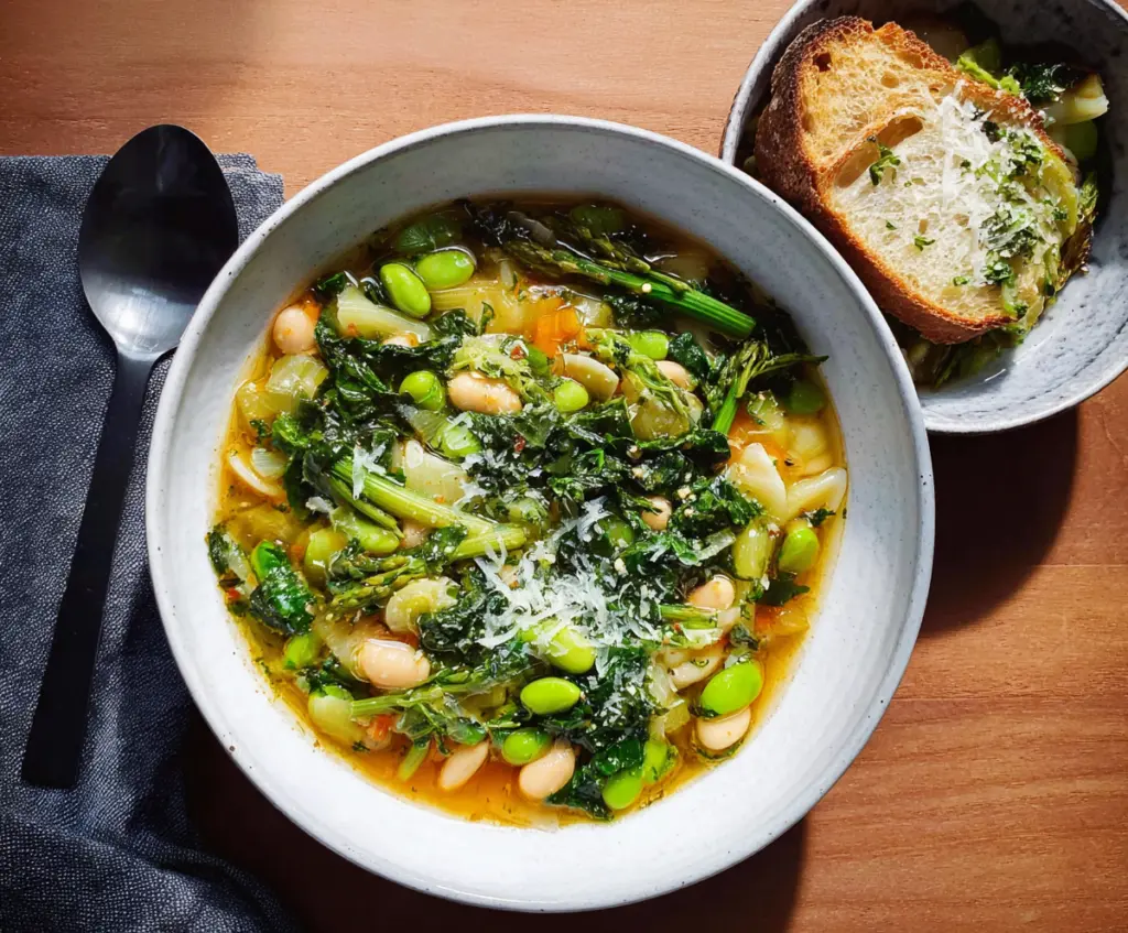 Vibrant Spring Minestrone Soup with fresh vegetables in a bowl, perfect for a healthy meal.