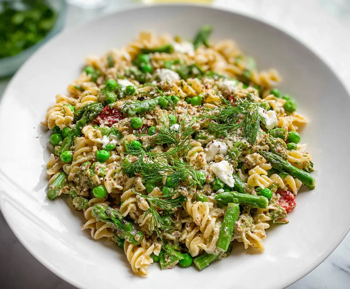 Colorful spring pasta salad with fresh vegetables and protein, perfect for a healthy meal.