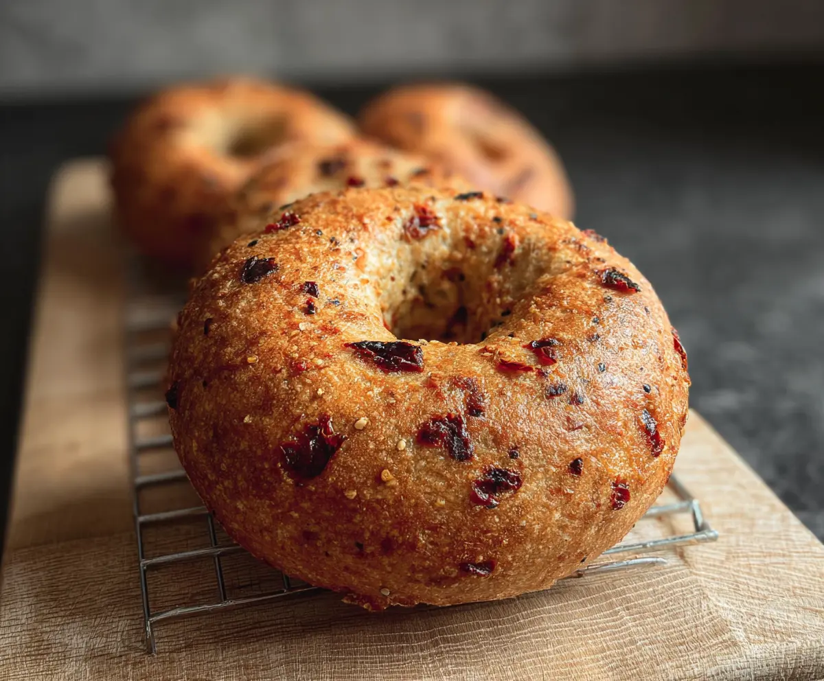 Delicious sun-dried tomato sourdough bagels fresh out of the oven, showcasing their golden crust and vibrant tomato filling.