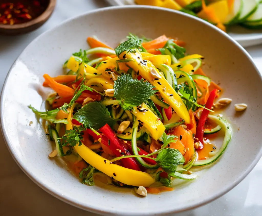 Fresh Thai Mango Salad with herbs, chili, and lime served in a bowl.