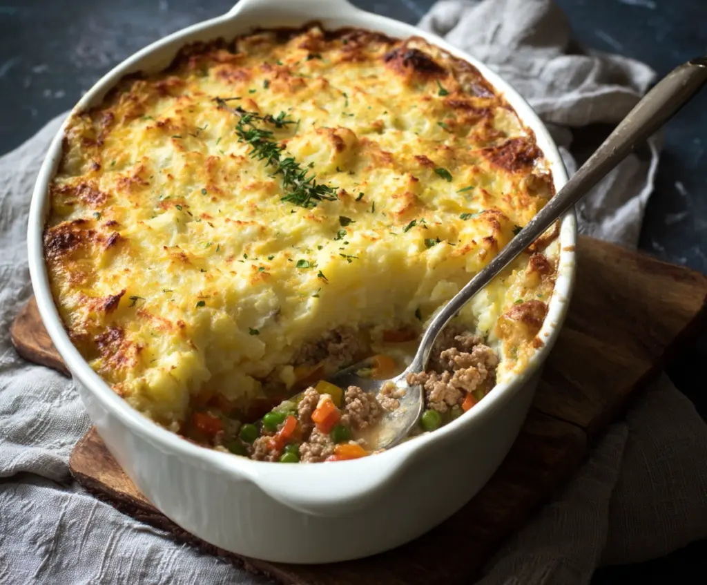 Delicious Turkey Shepherd's Pie with mashed potatoes and seasoned turkey filling