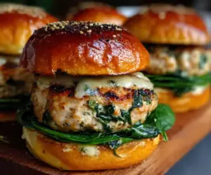 Juicy white cheddar spinach chicken burger topped with fresh greens on a toasted bun.