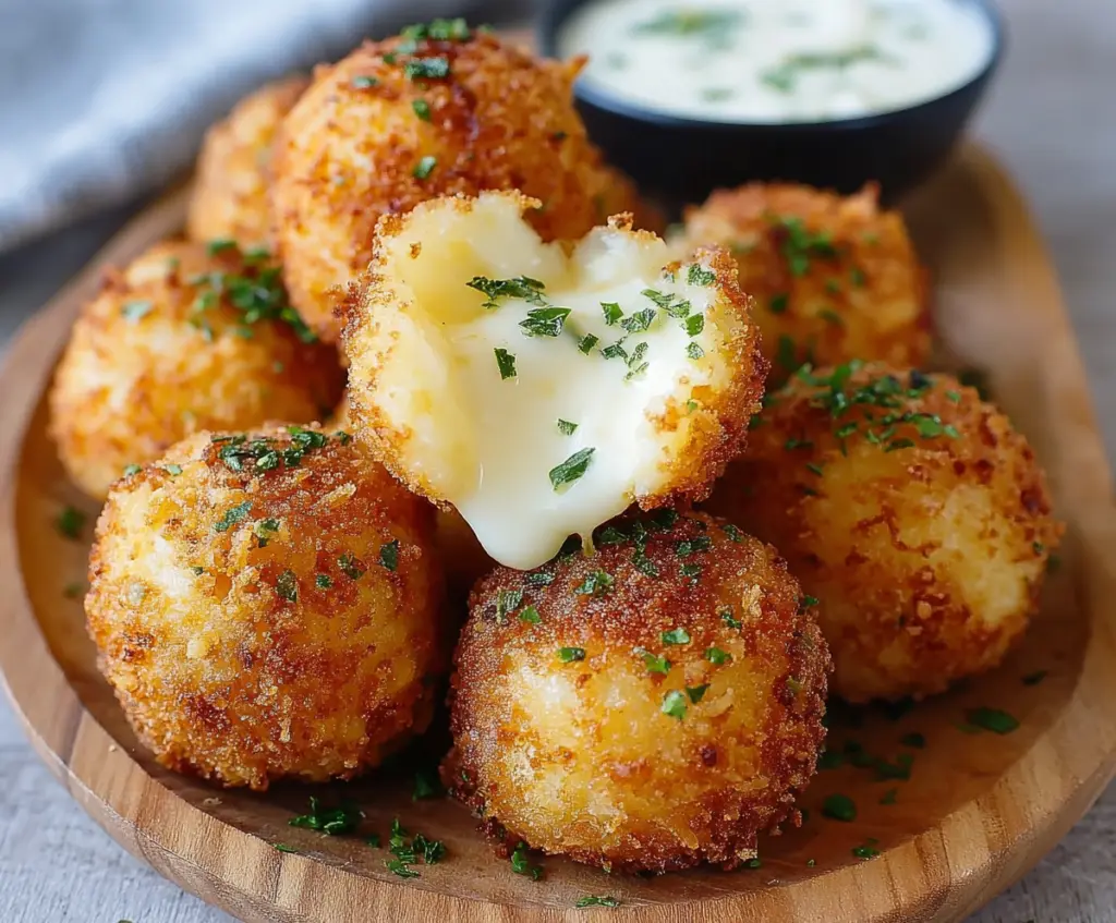 Golden Air Fryer Cheesy Mashed Potato Balls with melted cheese on top, perfect for appetizers.