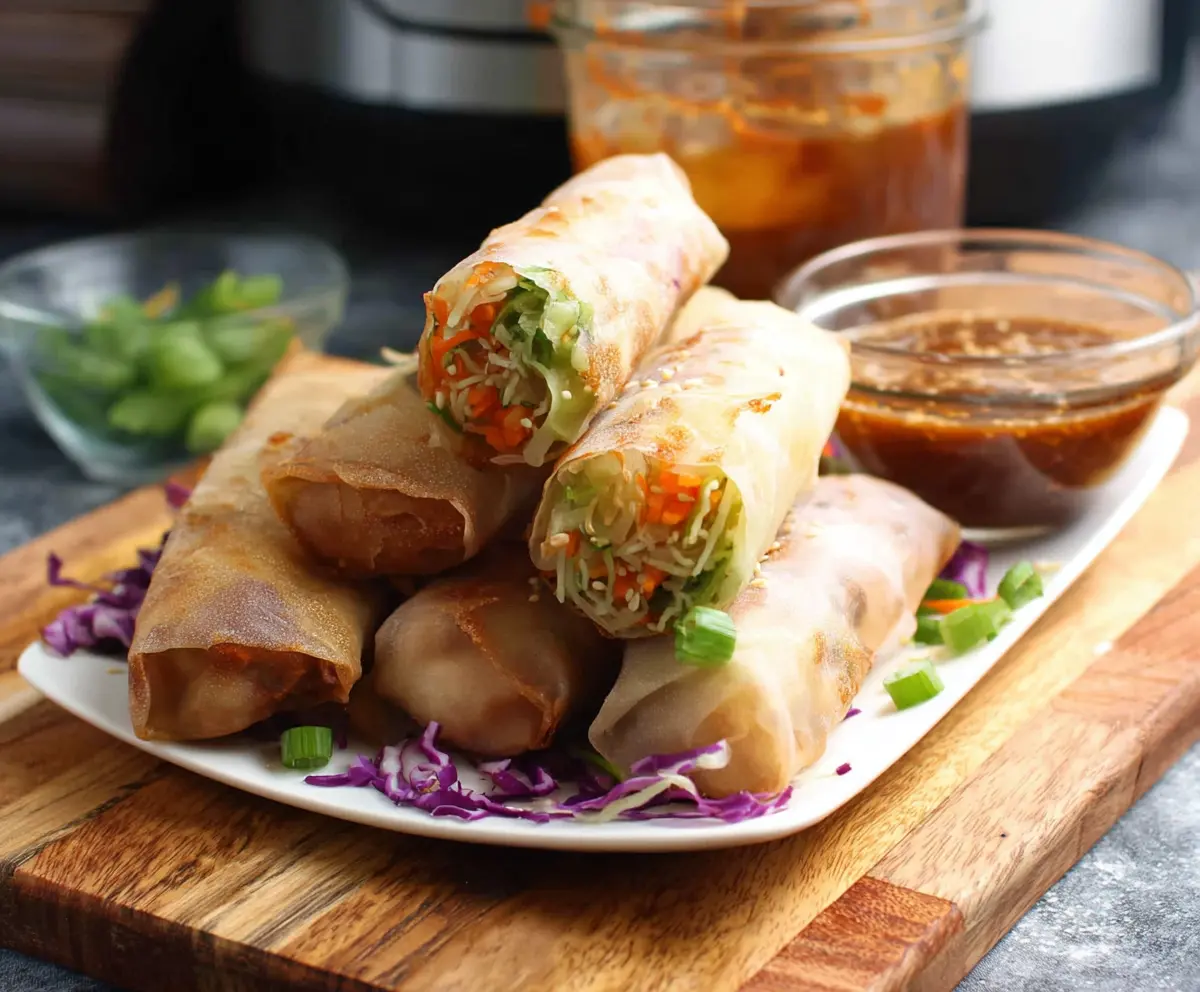 Crispy Air Fryer Spring Rolls filled with fresh vegetables and served with a dipping sauce.