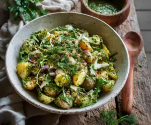 Fresh arugula pesto potato salad garnished with herbs and served in a bowl.