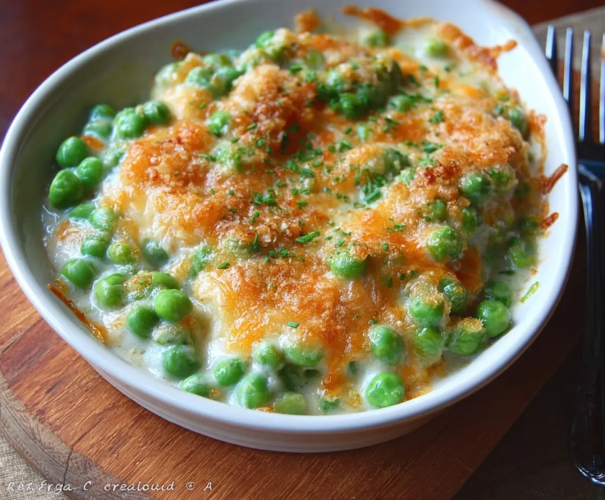 Delicious Au Gratin Creamed Peas served in a rustic white dish, topped with melted cheese and fresh herbs.