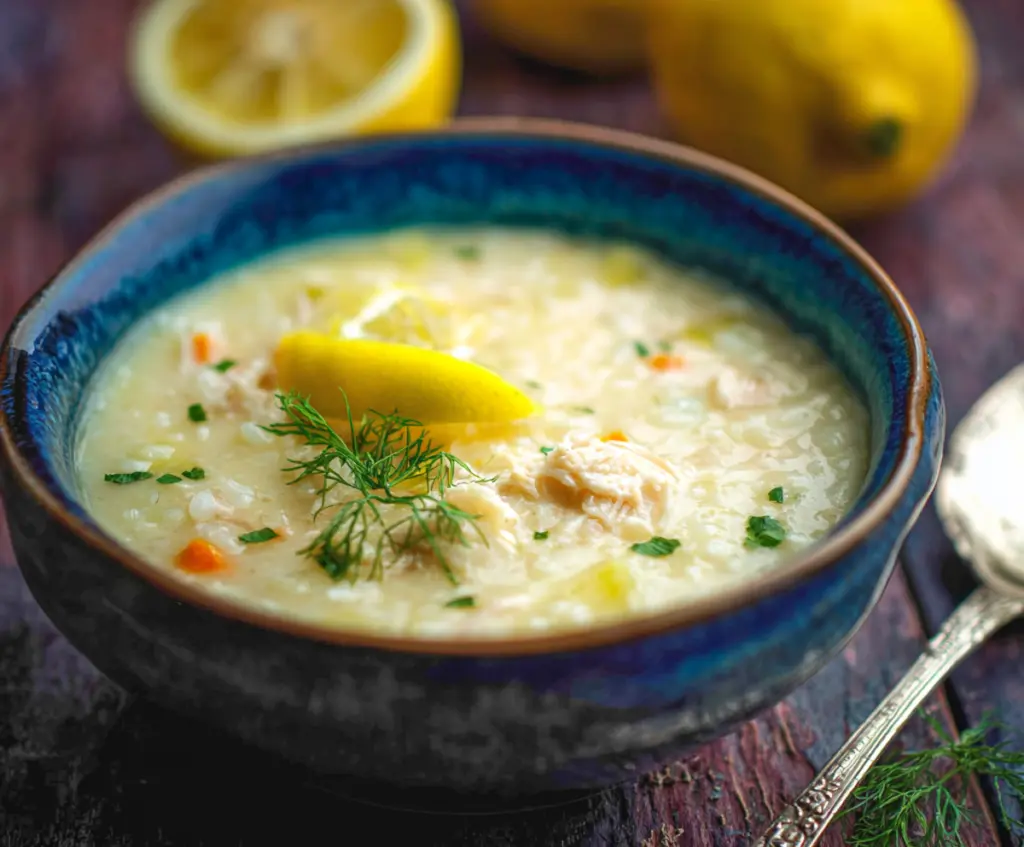 Creamy Avgolemono Soup with lemon, chicken, and rice in a bowl on a rustic kitchen table