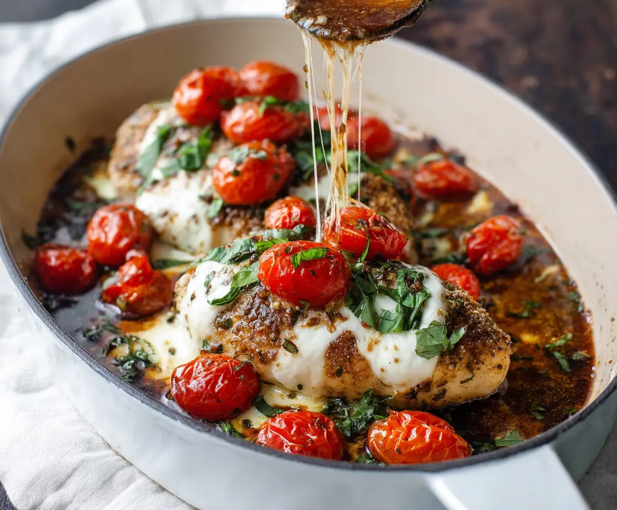 Delicious baked Caprese chicken topped with fresh basil and melted mozzarella cheese.