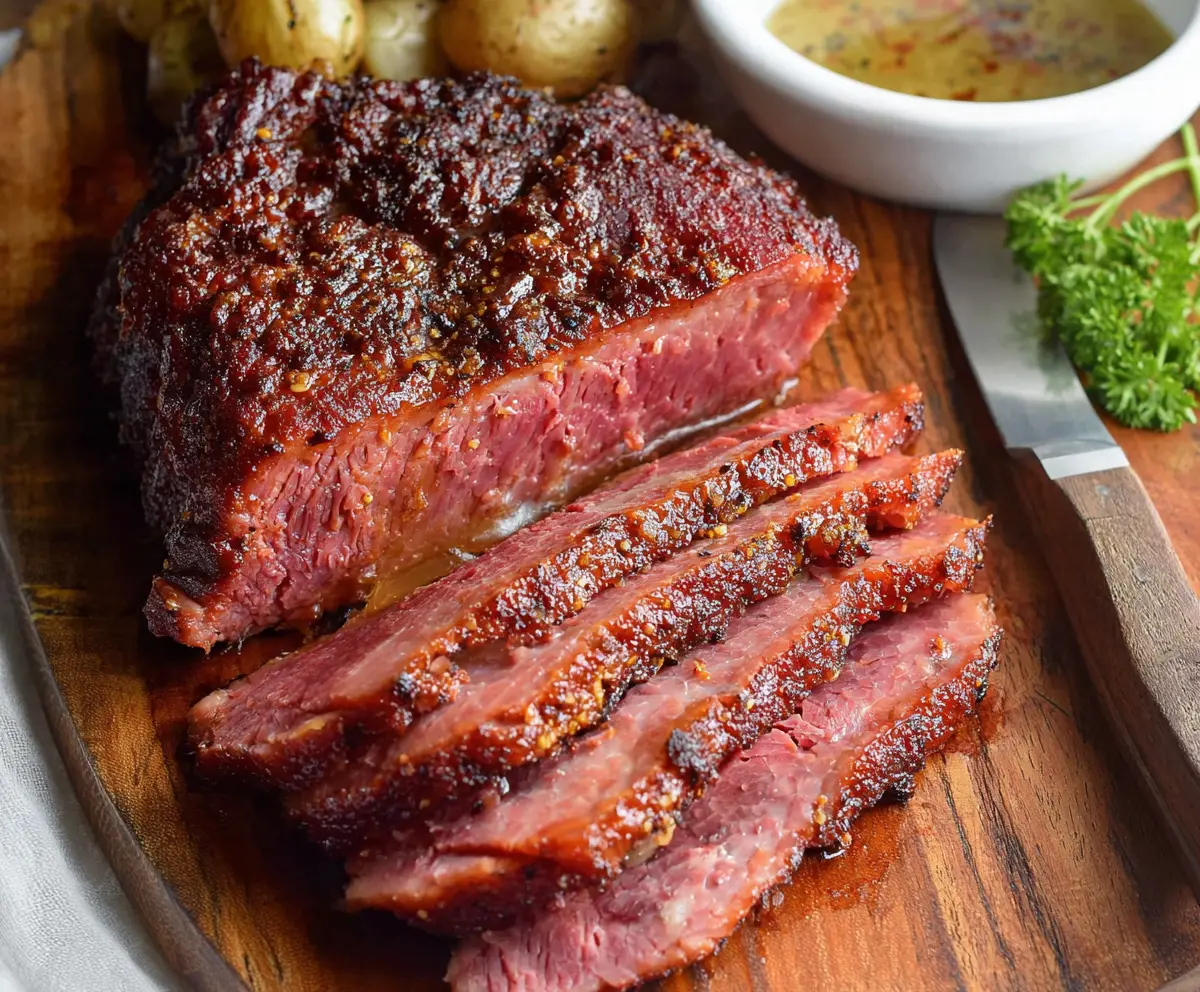 Delicious baked corned beef served with crispy vegetables on a white plate.