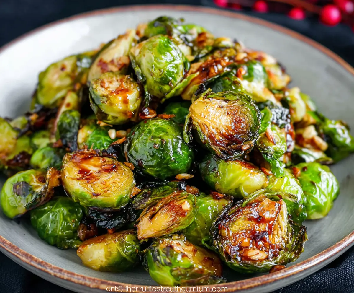 Delicious balsamic Brussels sprouts roasted to perfection, garnished with fresh herbs.