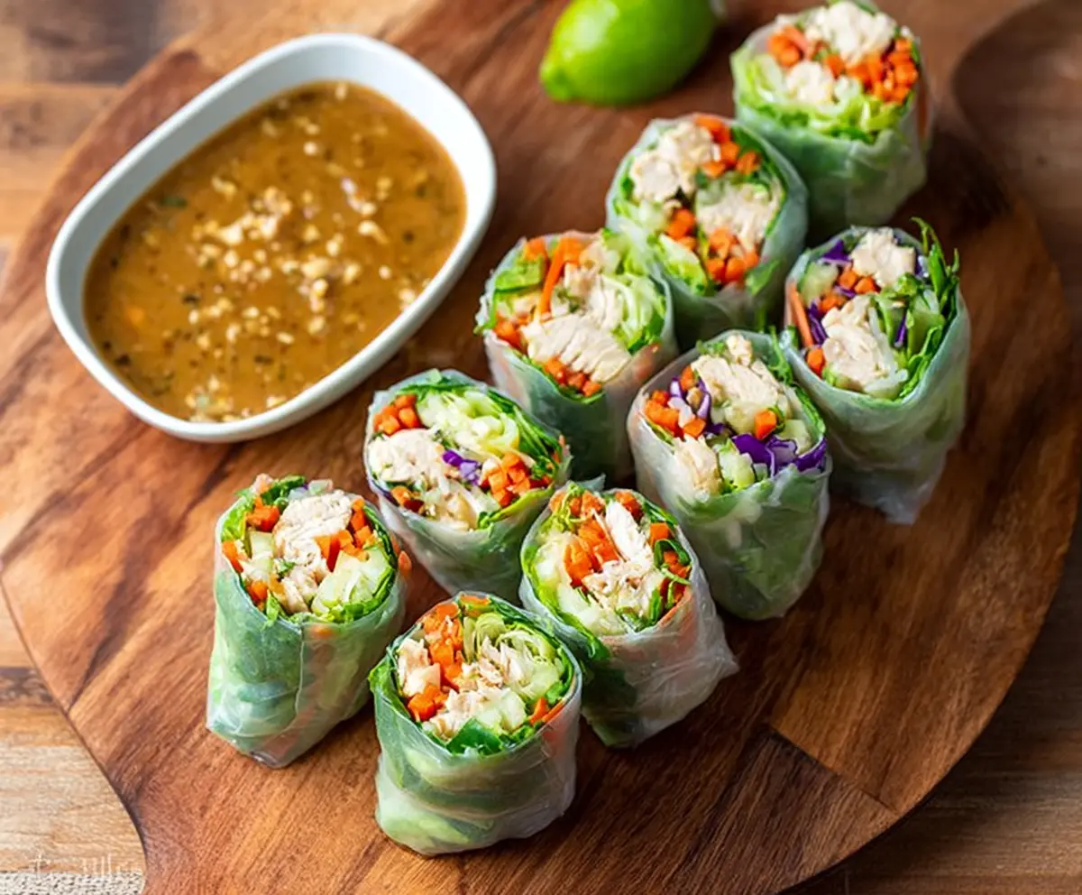 Delicious Bang Bang Chicken Rice Paper Rolls with fresh vegetables and creamy sauce