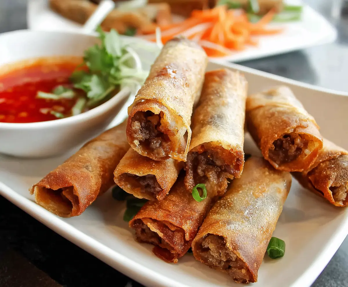 Crispy beef lumpia rolls served with dipping sauce on a plate.