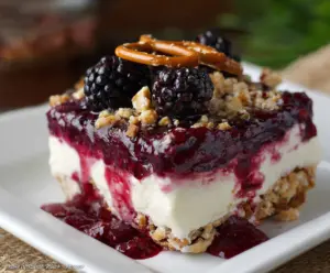 Delicious Blackberry Pretzel Dessert with a crunchy pretzel crust and fresh blackberries on top.