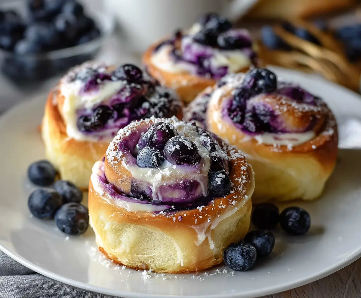 Delicious blueberry cheesecake rolls garnished with fresh blueberries and cream cheese frosting