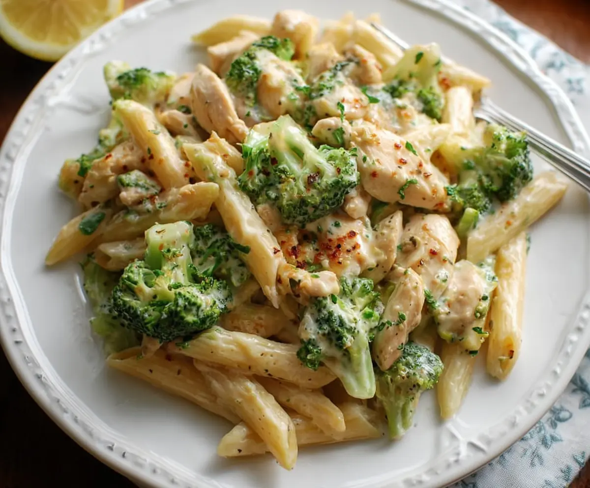 Delicious broccoli and chicken penne pasta served on a white plate, showcasing fresh ingredients and vibrant colors.