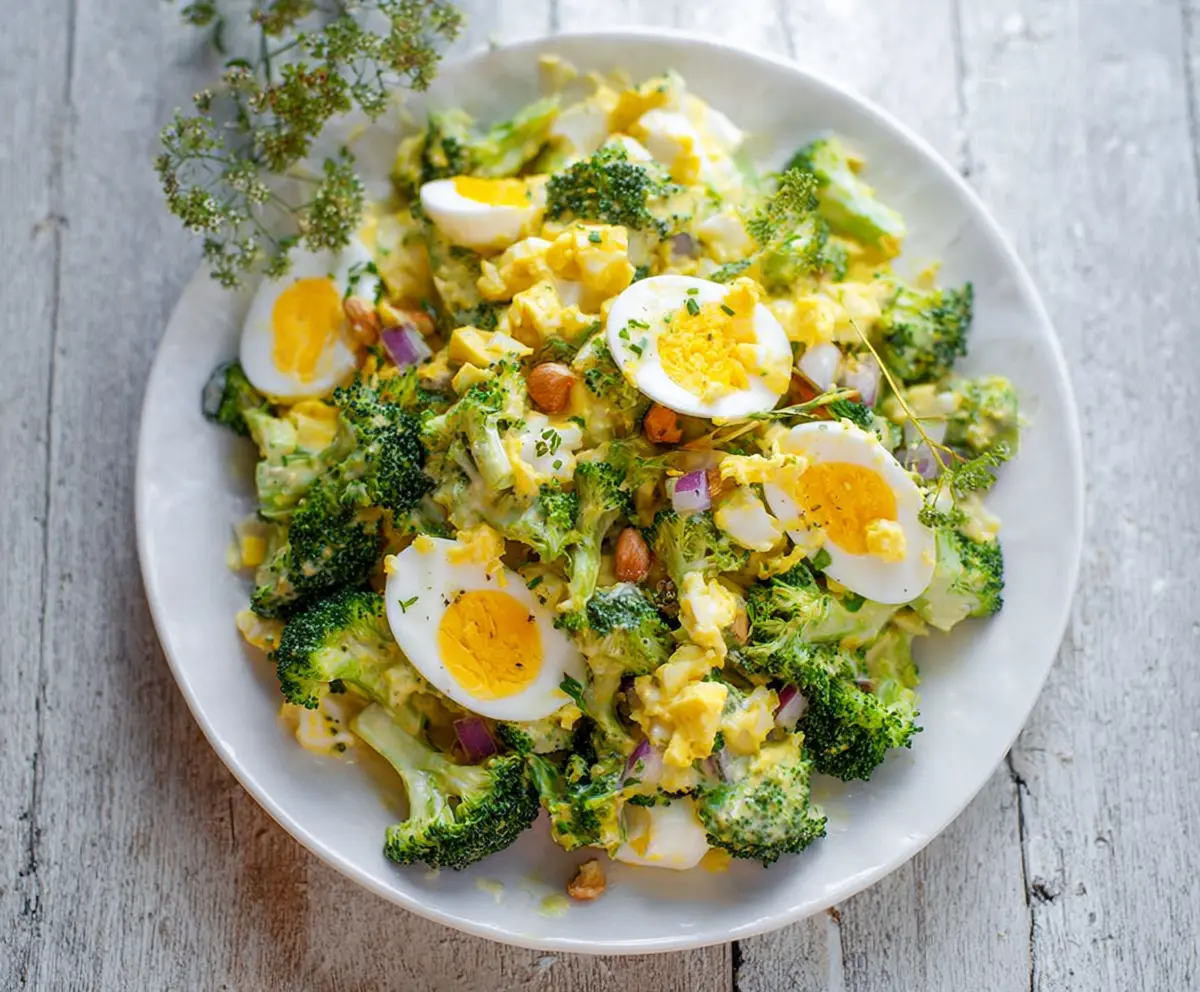 Healthy broccoli egg salad with fresh greens and a light dressing