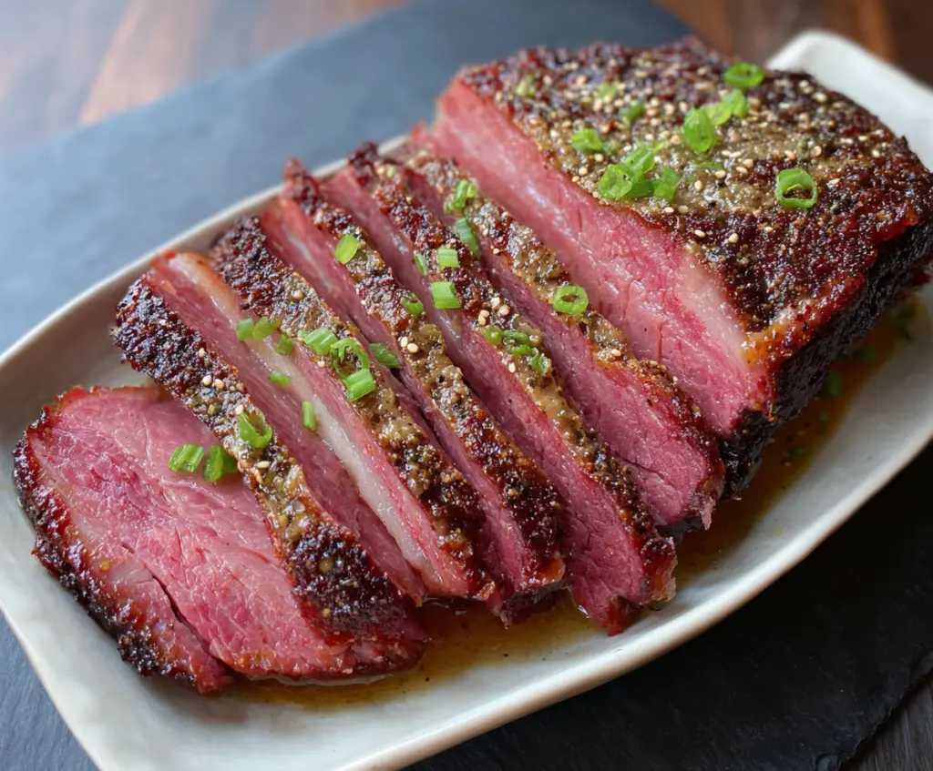 Delicious Brown Sugar Dijon Corned Beef Brisket served with vegetables on a plate.