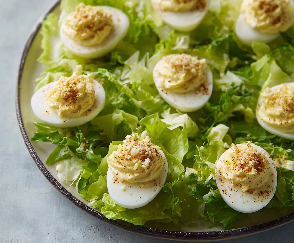 Creamy Caesar Deviled Eggs garnished with fresh herbs for a flavorful appetizer.