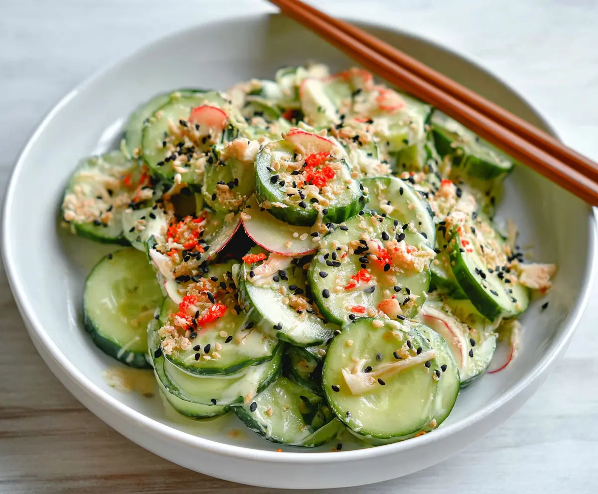 Fresh California Roll Cucumber Salad served with sushi ingredients and vibrant vegetables.