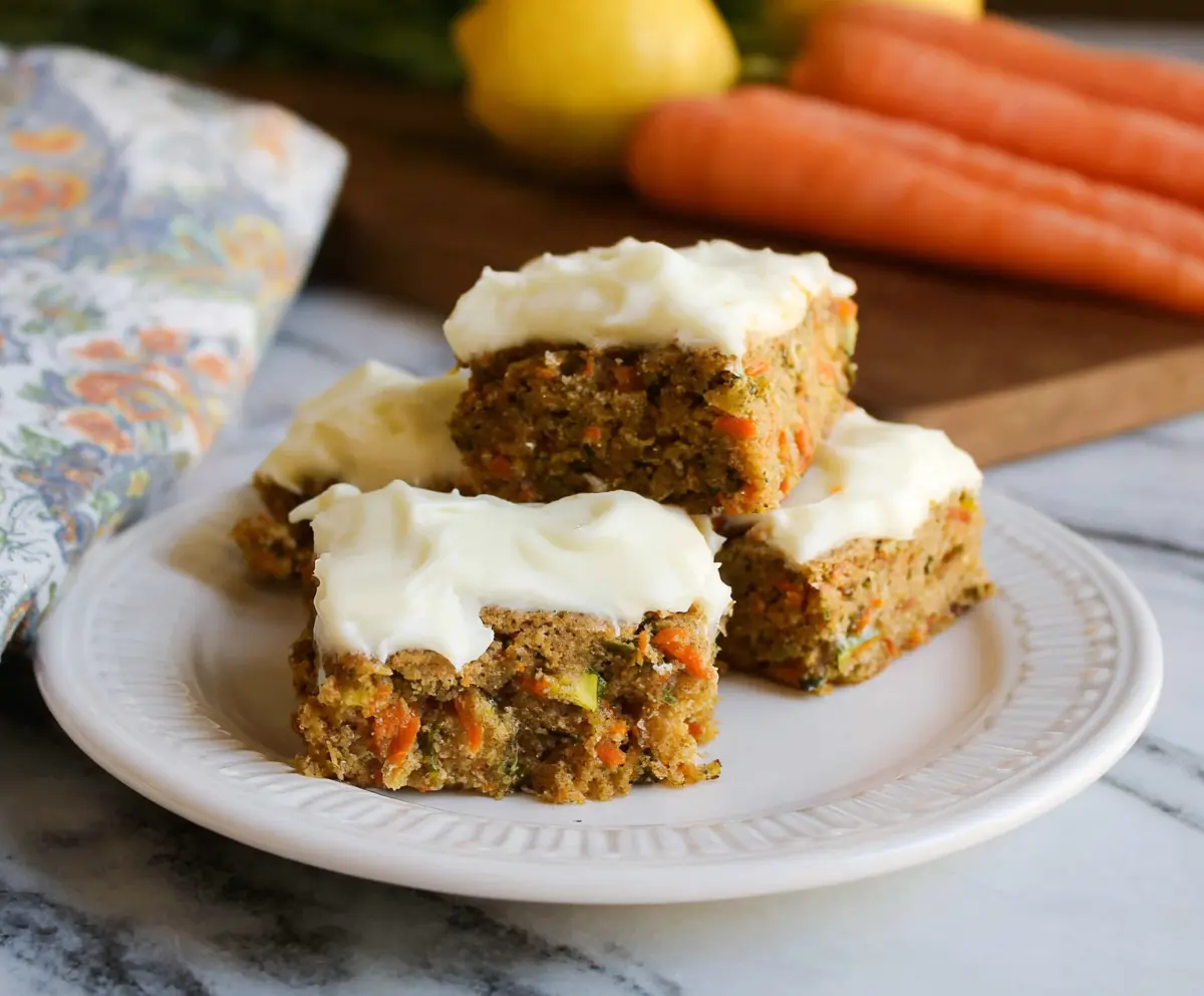 Delicious carrot and zucchini bars topped with citrus cream cheese frosting, perfect for a healthy snack or dessert.