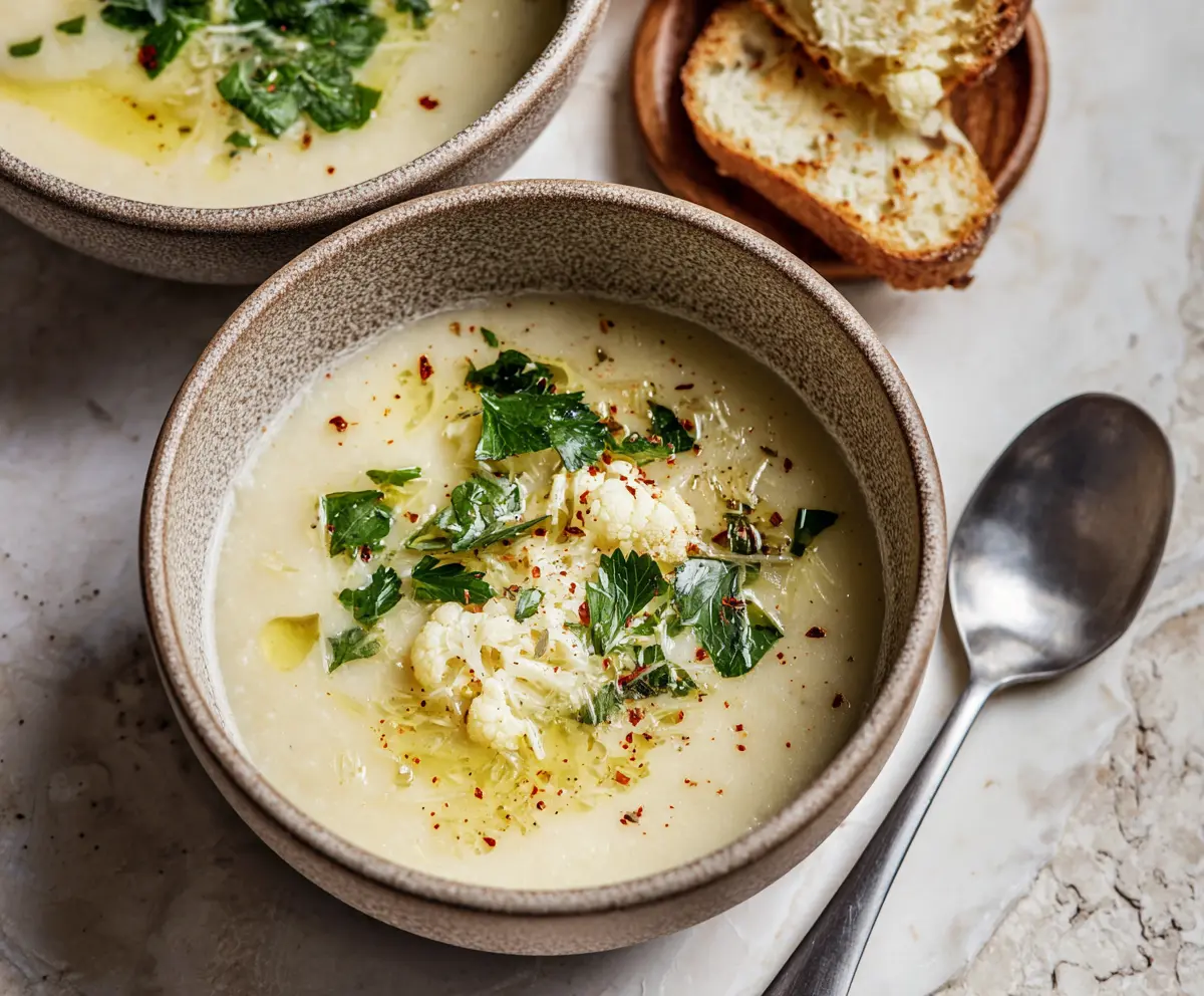 Creamy cauliflower leek soup served in a bowl, garnished with fresh herbs for a healthy appetizer.