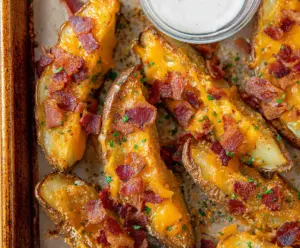 Golden Cheddar Bacon Potato Wedges served with crispy bacon and melted cheese in a tasty appetizer