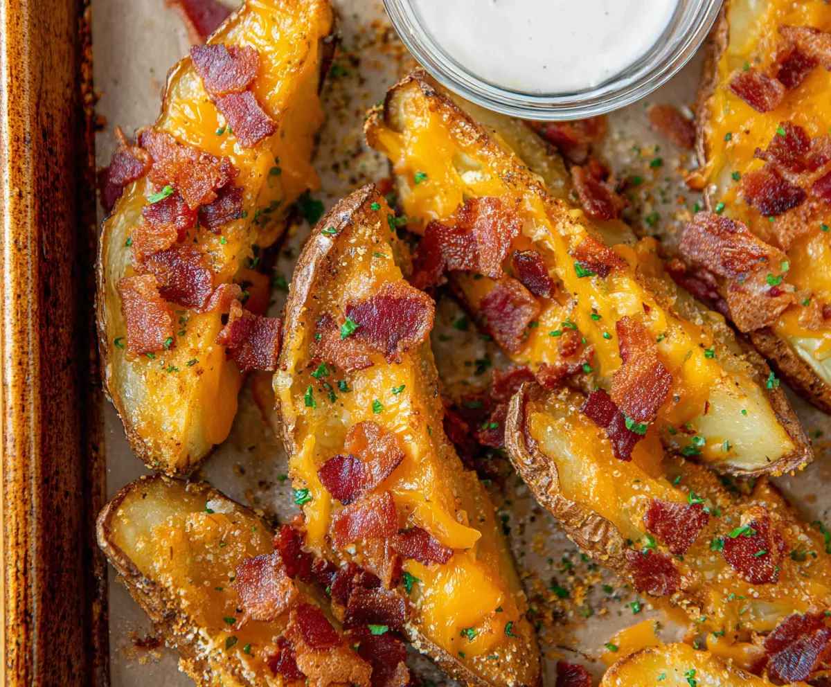 Golden Cheddar Bacon Potato Wedges served with crispy bacon and melted cheese in a tasty appetizer