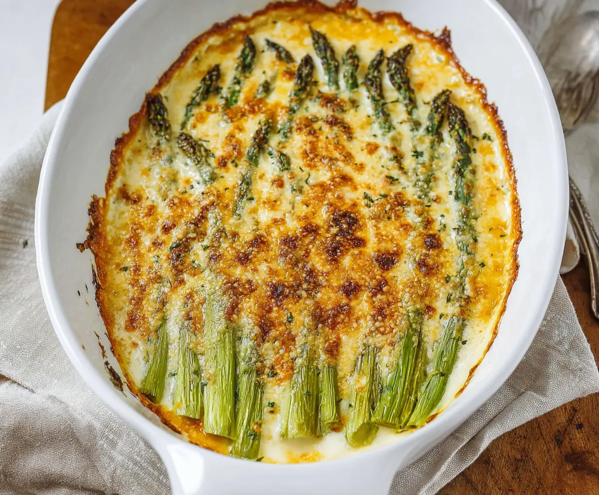 Delicious Cheesy Asparagus Bake with melted cheese and fresh asparagus on a baking dish.