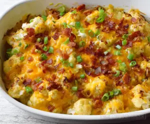 Delicious Cheesy Loaded Cauliflower Casserole with melted cheese and crispy bacon bits