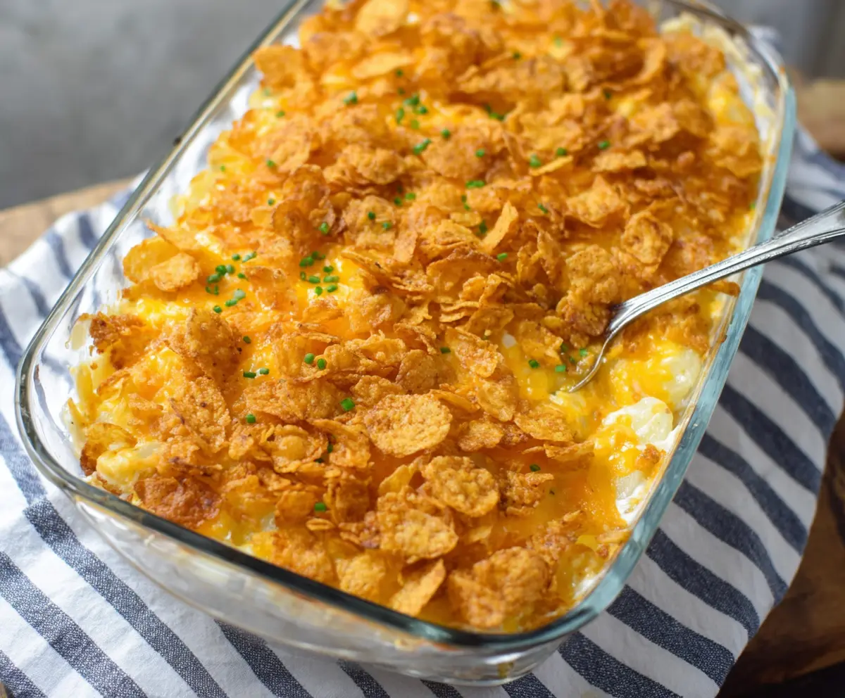 Delicious cheesy potatoes topped with crispy corn flakes, perfect for a comforting meal.