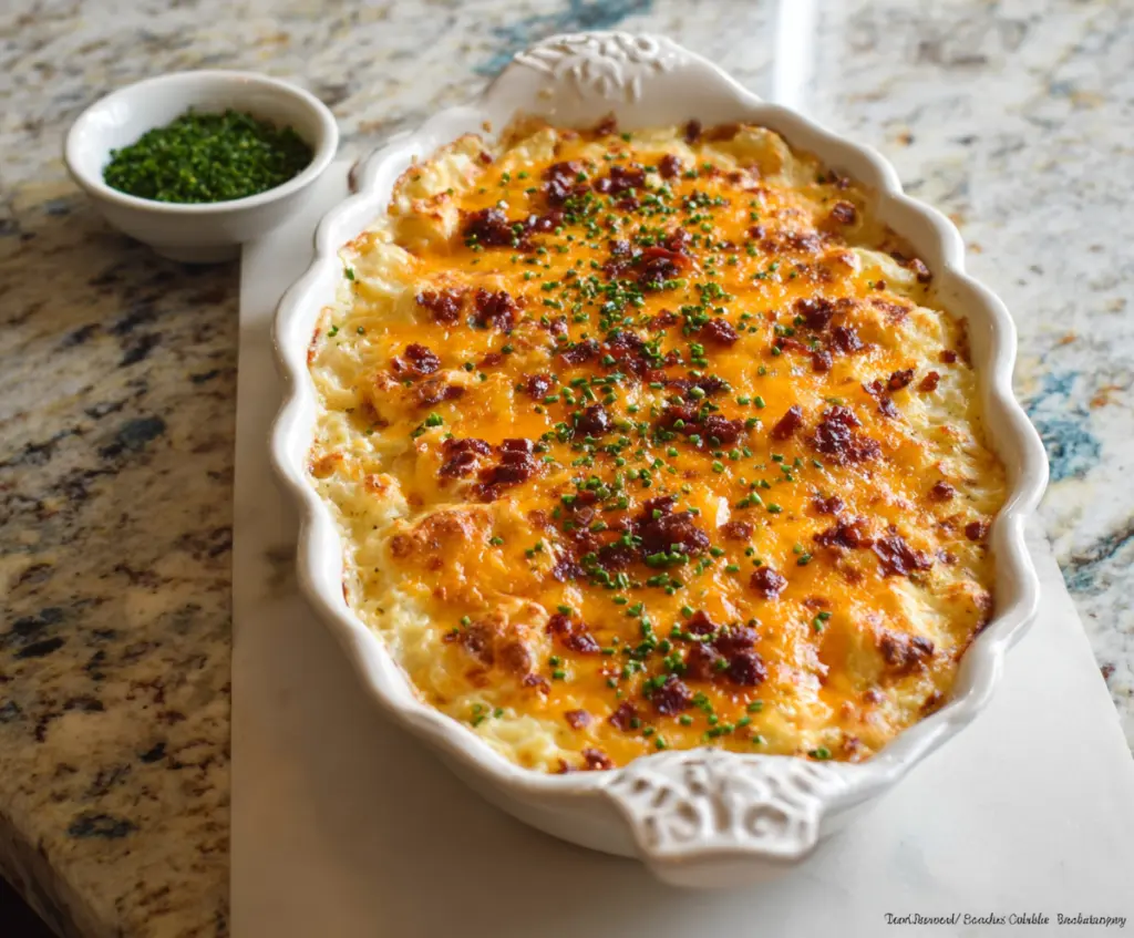 Delicious Cheesy Ranch Potato Casserole topped with melted cheese and fresh herbs.