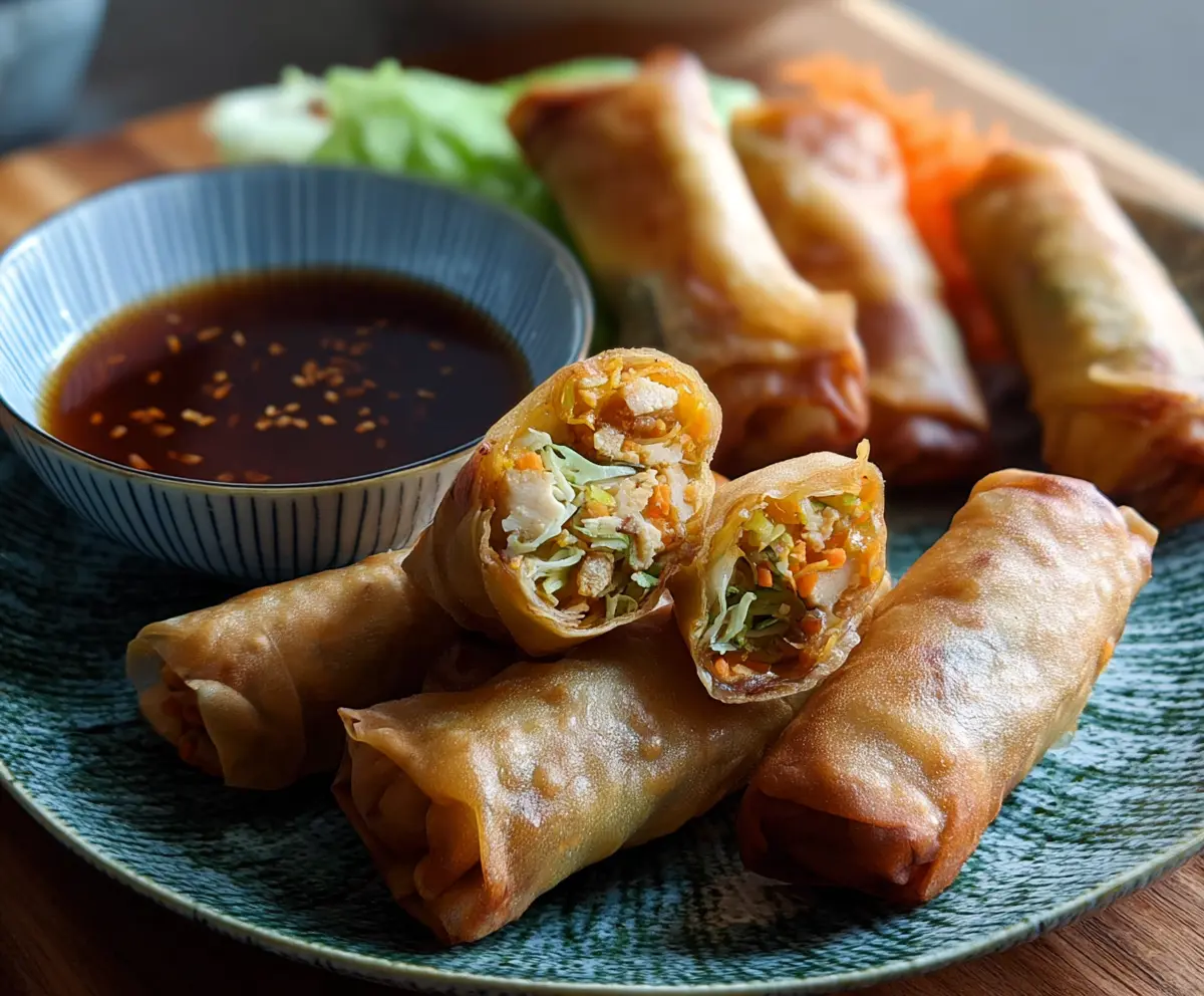 Crispy chicken spring rolls with fresh vegetables served on a white plate.