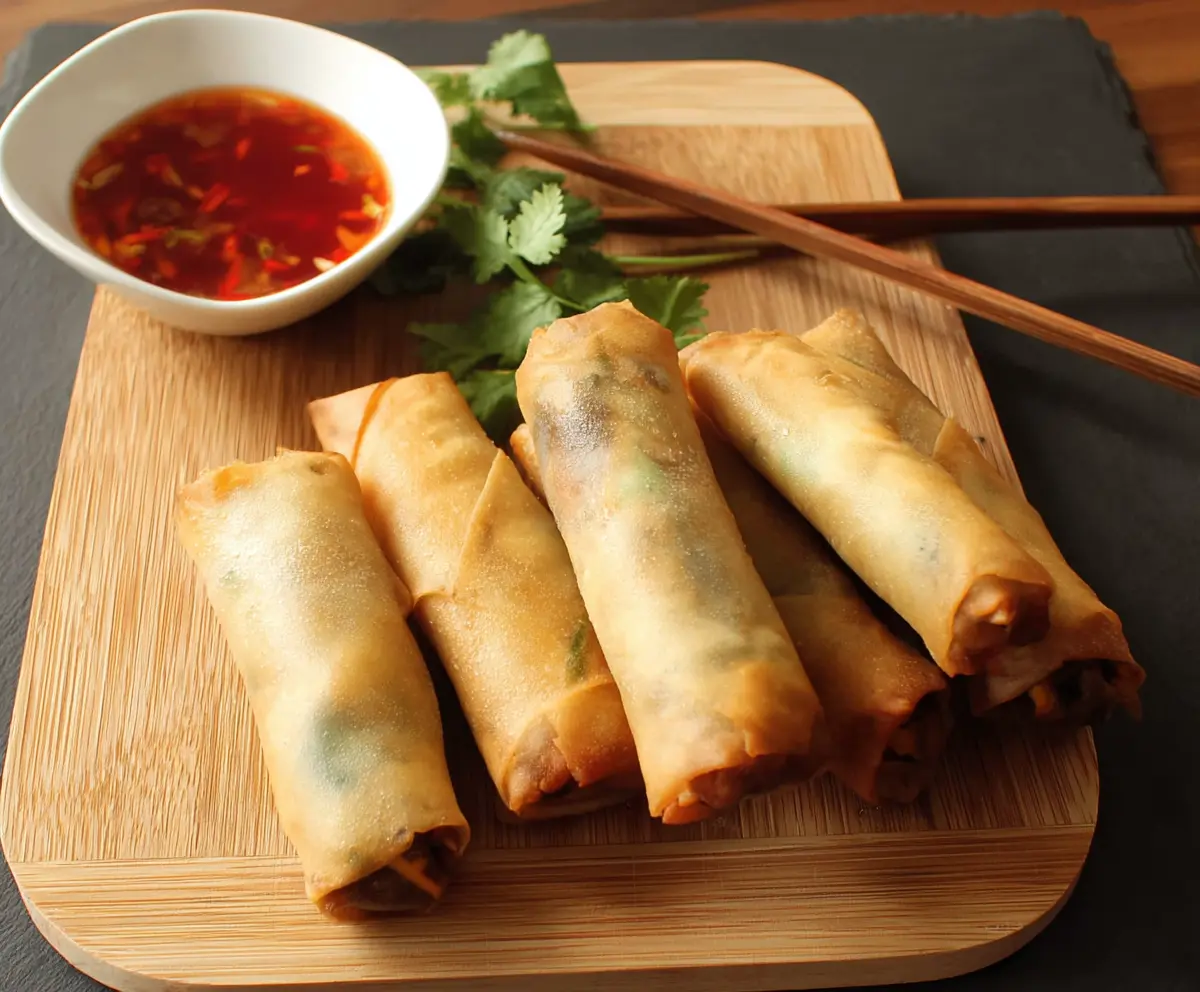 Crispy Chinese Spring Rolls filled with vegetables and served with dipping sauce.