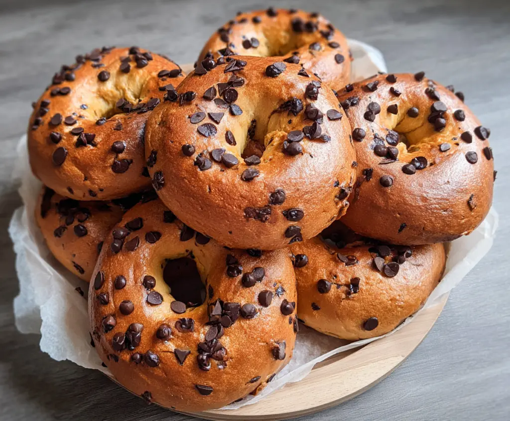 Freshly baked chocolate chip bagels with melted chocolate chips and a crispy golden crust.
