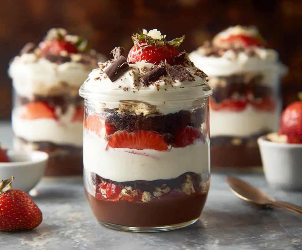 Delicious layered chocolate and strawberry cake parfait in clear glass dessert cup.