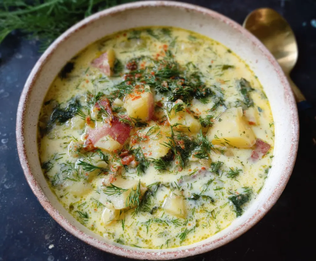 Creamy Chunky Potato Dill Soup in a bowl with fresh dill garnish, perfect for a comforting meal