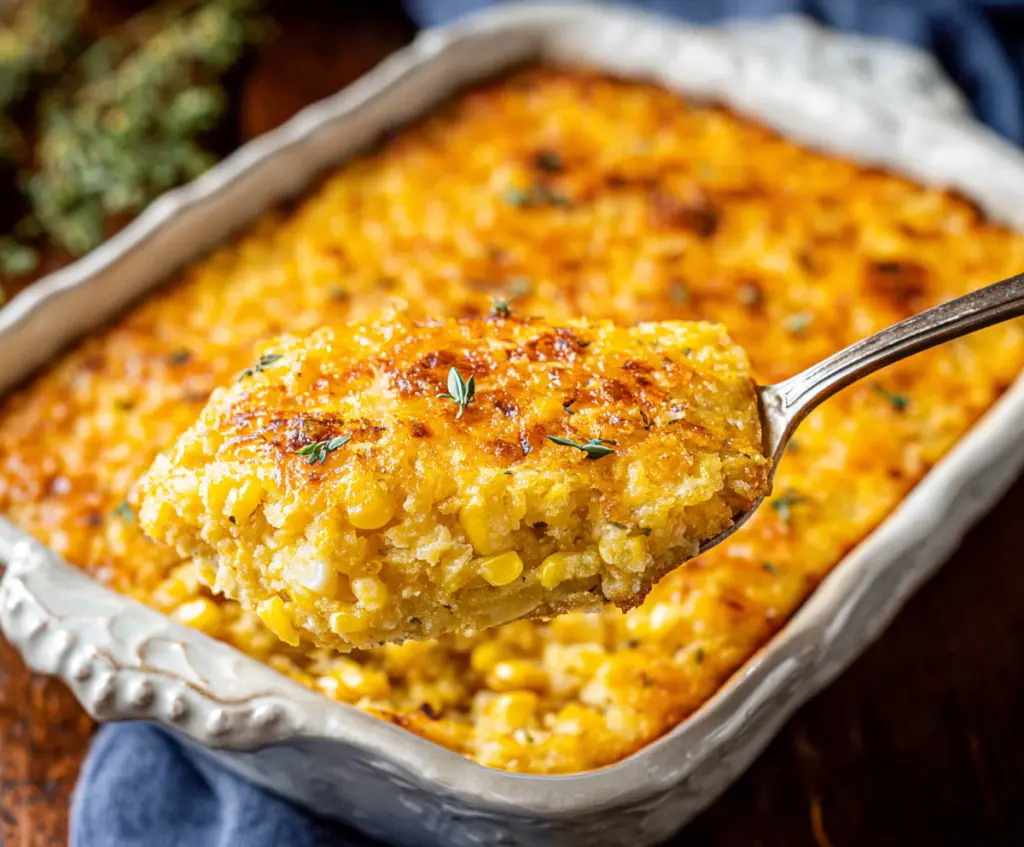 Delicious corn casserole topped with golden cheese and fresh herbs, served hot on a plate.