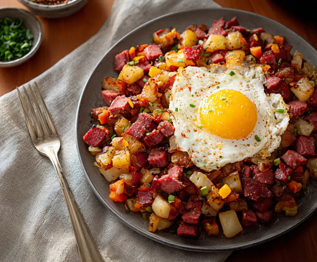Delicious homemade corned beef hash served with crispy potatoes and fried eggs.